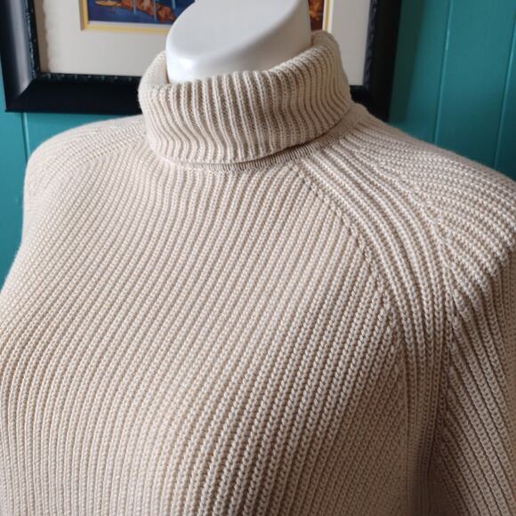 WVN Organic Cotton Neck Beige Chunky Knit Ribbed Turtleneck Sweater Medium - Picture 2 of 7